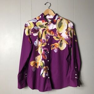 CHICO'S PLUM PURPLE ARTSY WATERCOLOR FLORAL BUTTON DOWN SHIRT WOMENS SIZE MEDIUM